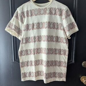 Roark Revival Cream Geometric Print Striped Cotton Slub Knit T-Shirt Mens Sz L